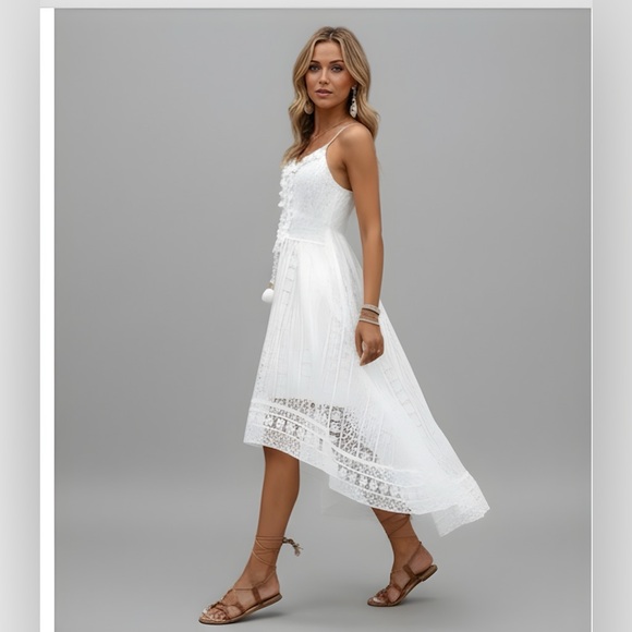 White  Boho Guipure Lace Insert Tassel Detail Cami Dress - Picture 2 of 10